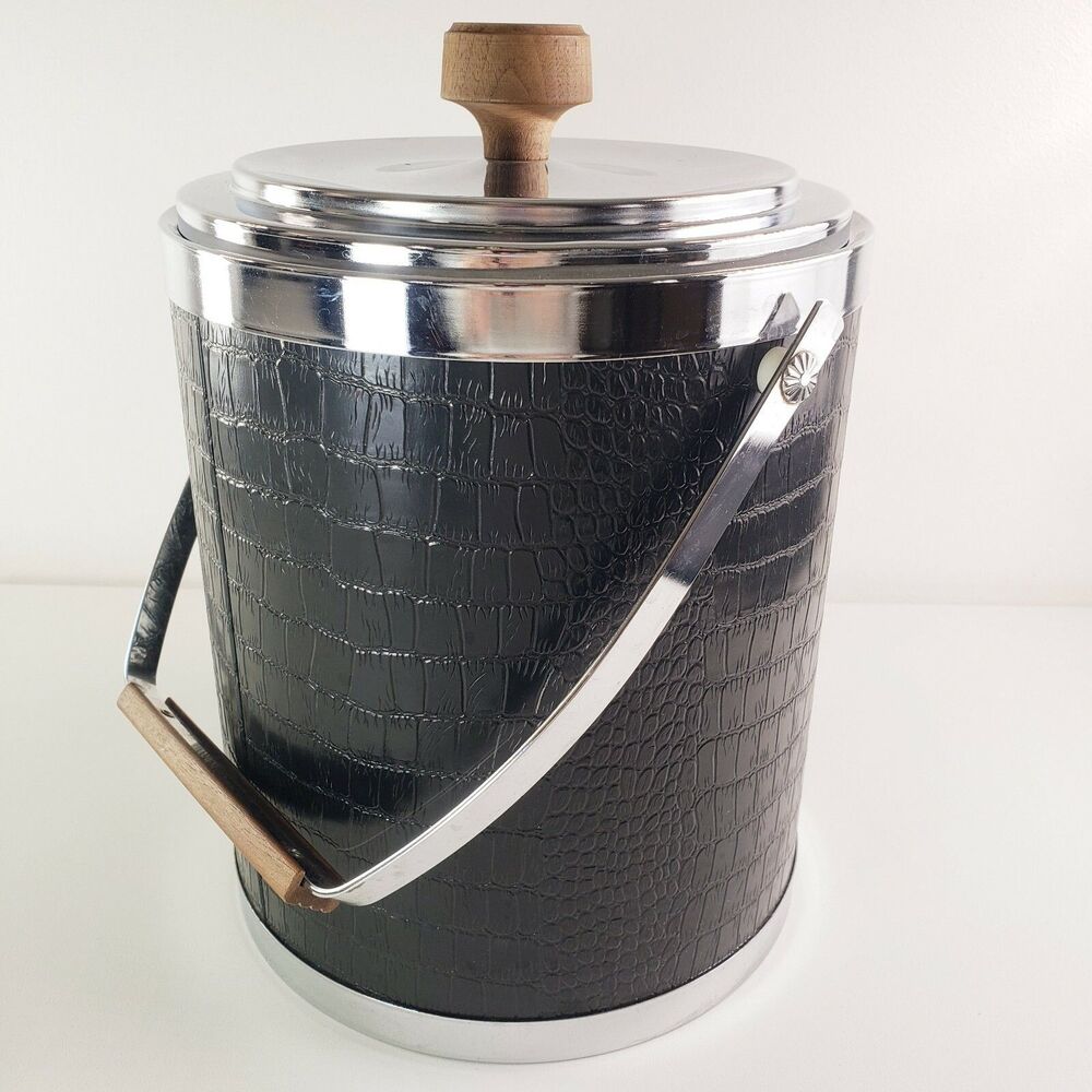 Kromex Ice Bucket Black Croc Alligator Wood Handle Chrome Barware MCM Hollywood